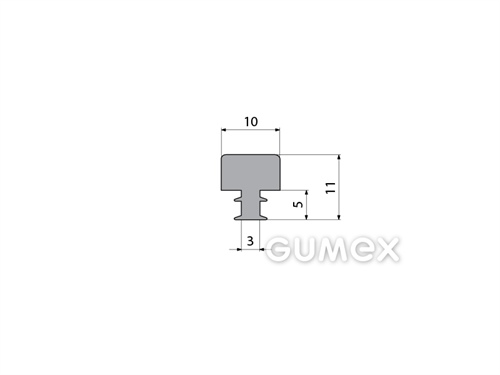 Gumový profil tvaru "T", 11x10/3mm, 70°ShA, EPDM, -40°C/+100°C, svetlo šedý